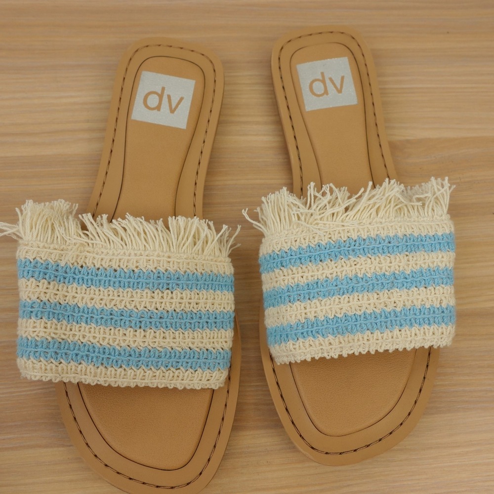 Crochet Boho Flat Slide Sandals Women 6 Blue White Coastal Fringe DV Dolce Vita